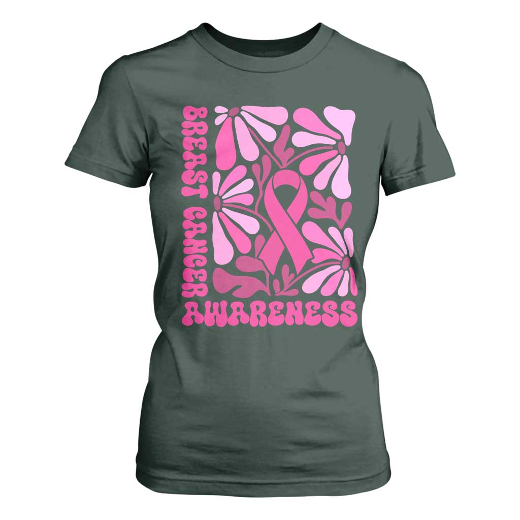 Breast Cancer Support T Shirt For Women Pink Ribbon 60s 70s Retro Groovy Flower