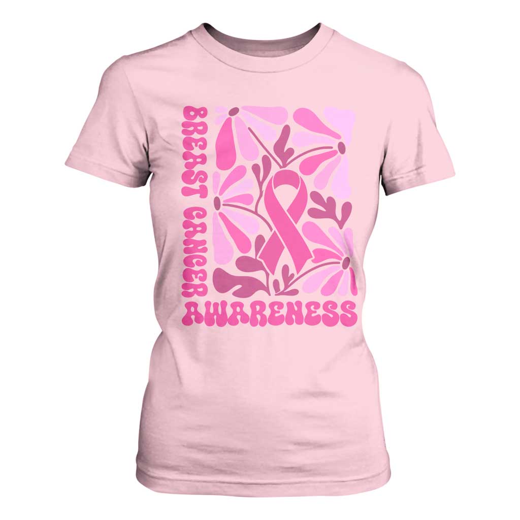 Breast Cancer Support T Shirt For Women Pink Ribbon 60s 70s Retro Groovy Flower