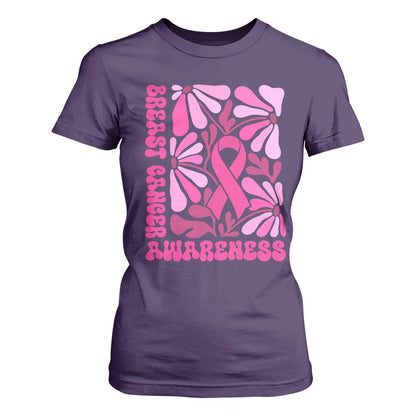 Breast Cancer Support T Shirt For Women Pink Ribbon 60s 70s Retro Groovy Flower