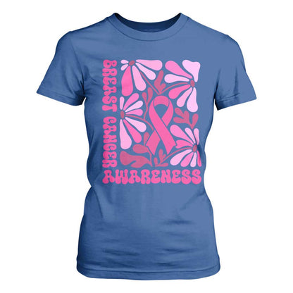 Breast Cancer Support T Shirt For Women Pink Ribbon 60s 70s Retro Groovy Flower