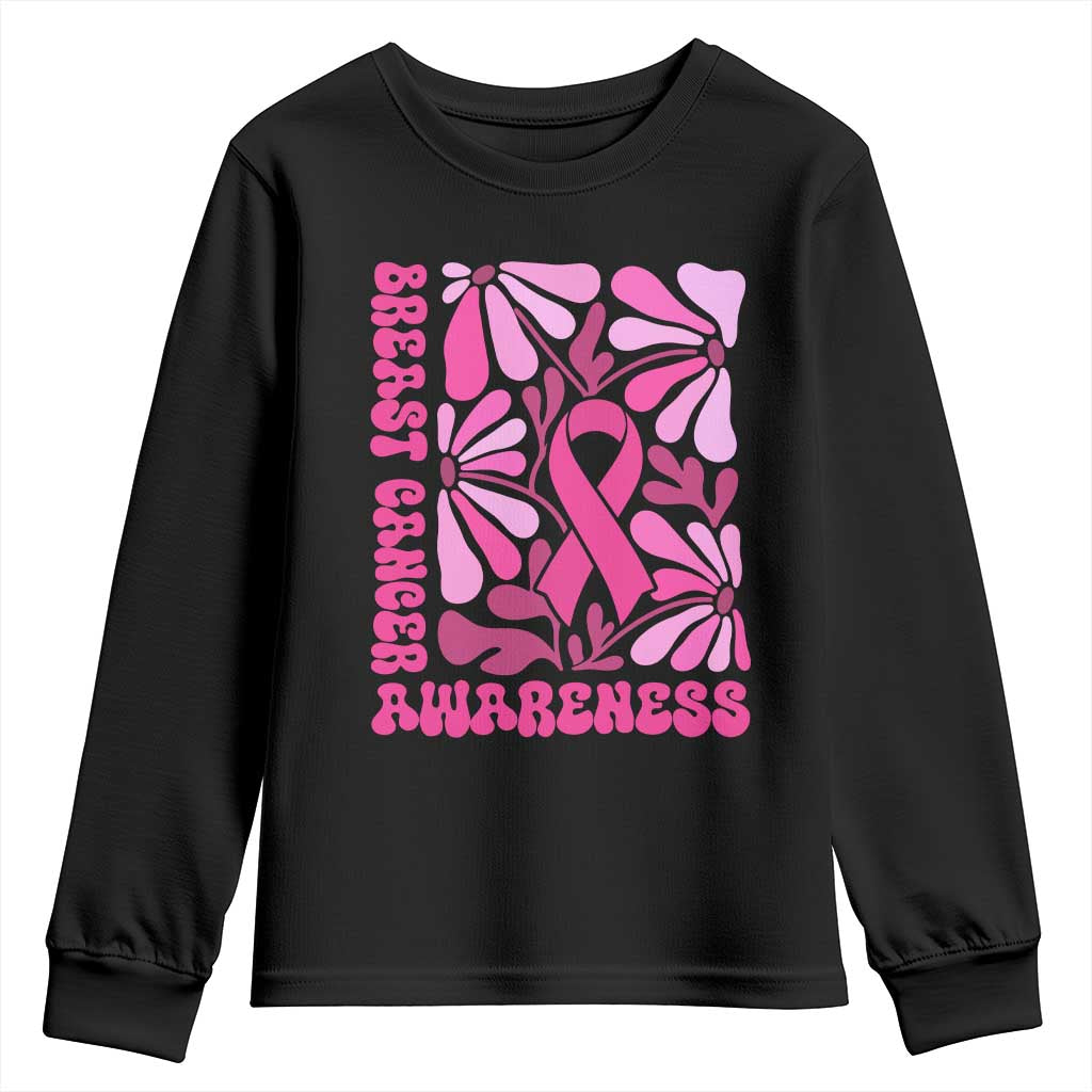 Breast Cancer Support Youth Sweatshirt Pink Ribbon 60s 70s Retro Groovy Flower