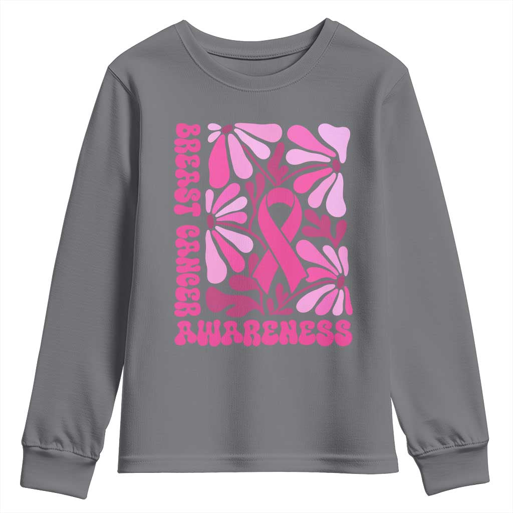 Breast Cancer Support Youth Sweatshirt Pink Ribbon 60s 70s Retro Groovy Flower