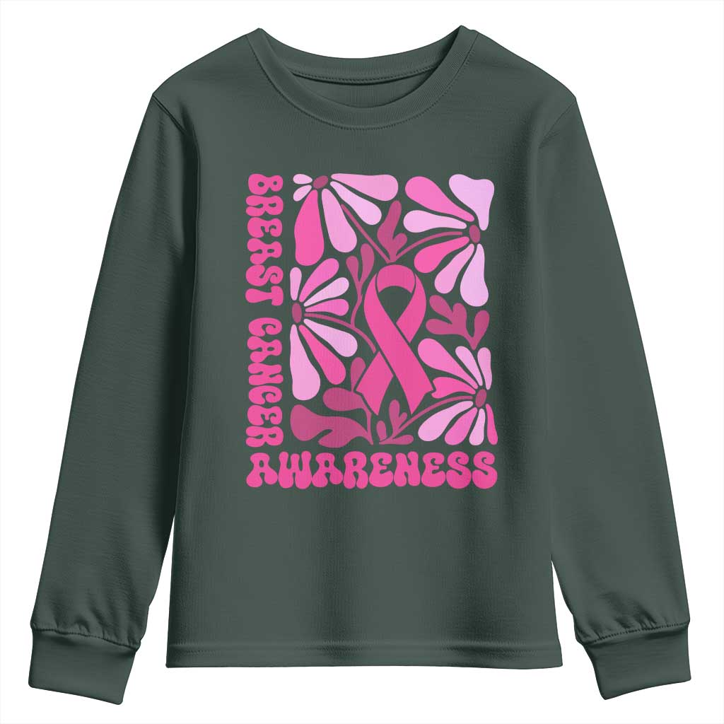 Breast Cancer Support Youth Sweatshirt Pink Ribbon 60s 70s Retro Groovy Flower