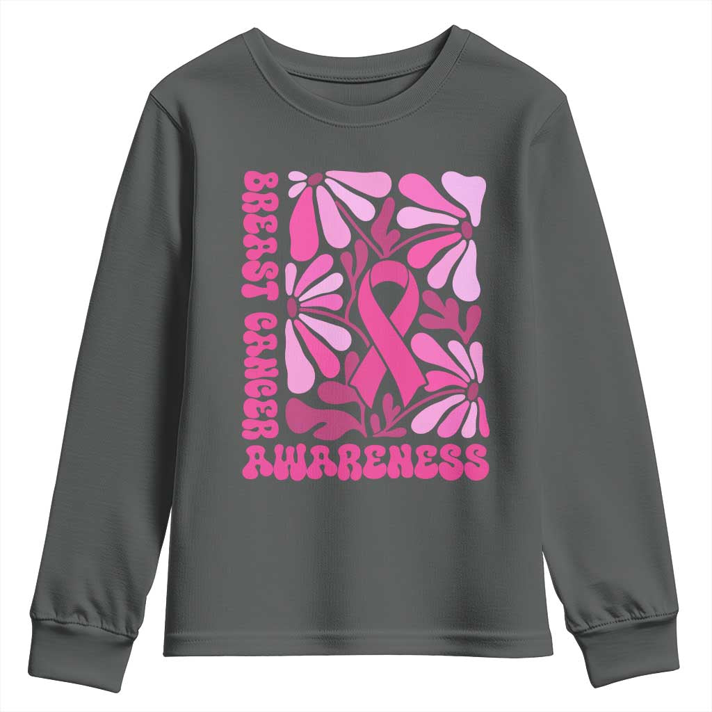 Breast Cancer Support Youth Sweatshirt Pink Ribbon 60s 70s Retro Groovy Flower