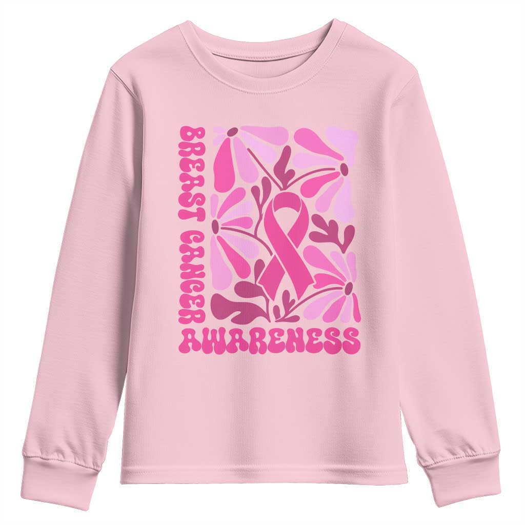 Breast Cancer Support Youth Sweatshirt Pink Ribbon 60s 70s Retro Groovy Flower