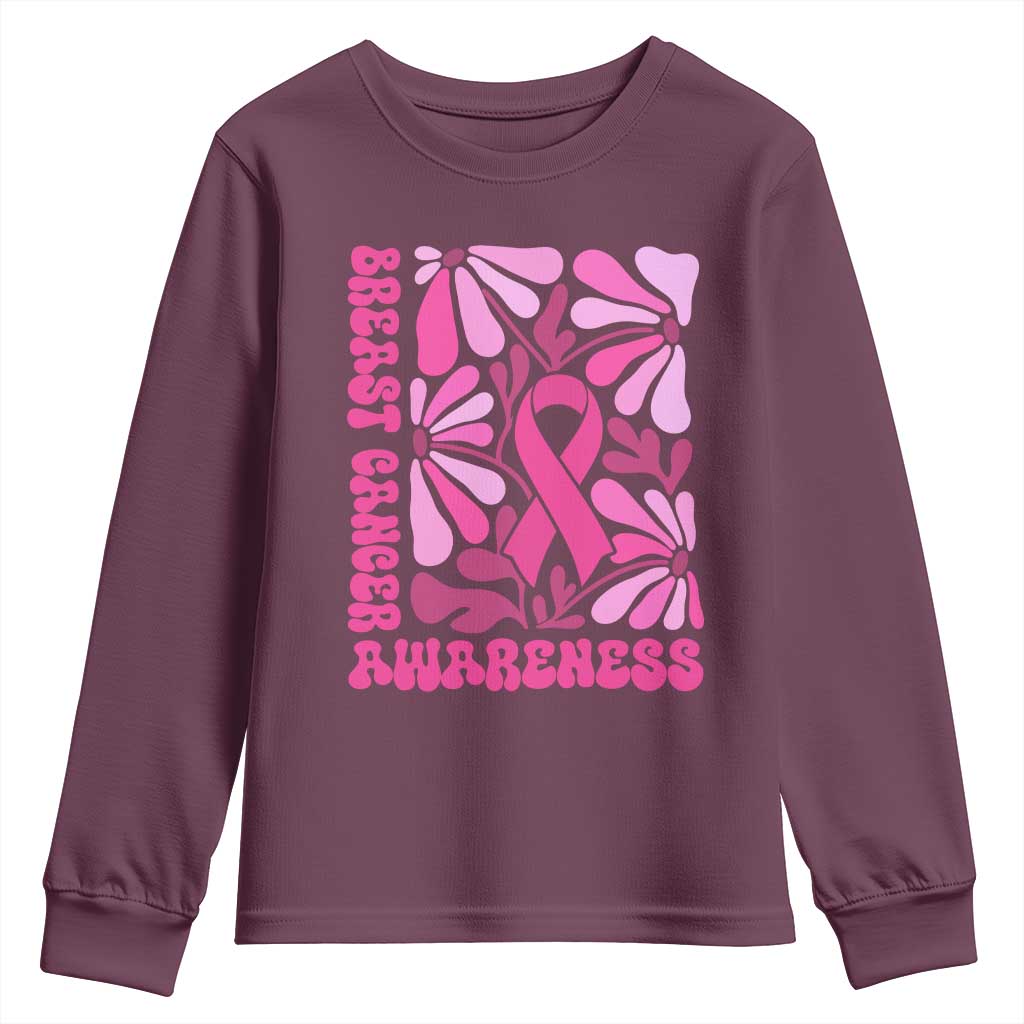 Breast Cancer Support Youth Sweatshirt Pink Ribbon 60s 70s Retro Groovy Flower