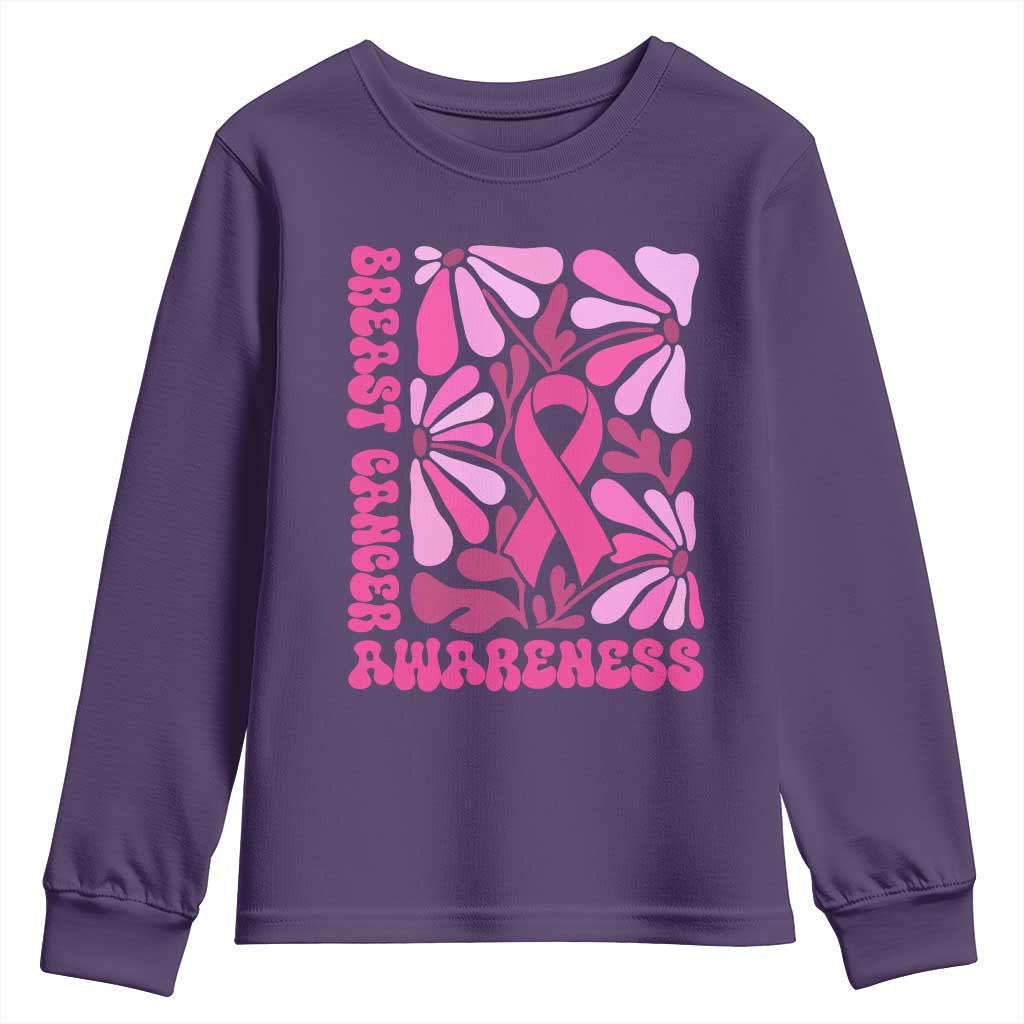 Breast Cancer Support Youth Sweatshirt Pink Ribbon 60s 70s Retro Groovy Flower