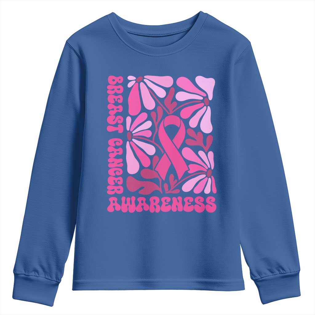 Breast Cancer Support Youth Sweatshirt Pink Ribbon 60s 70s Retro Groovy Flower
