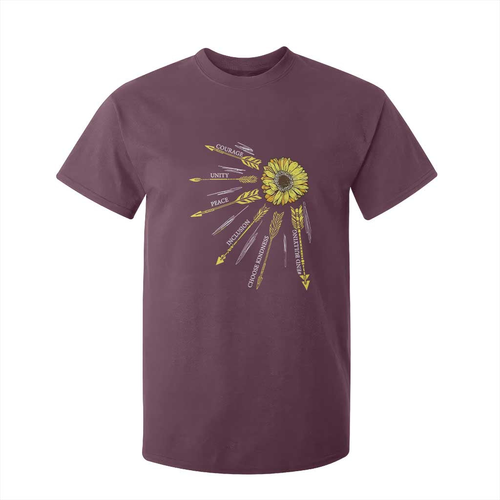 Bullying Prevention T Shirt For Kid Courage Unity Peace Inclusion Choose Kindness Sunflower