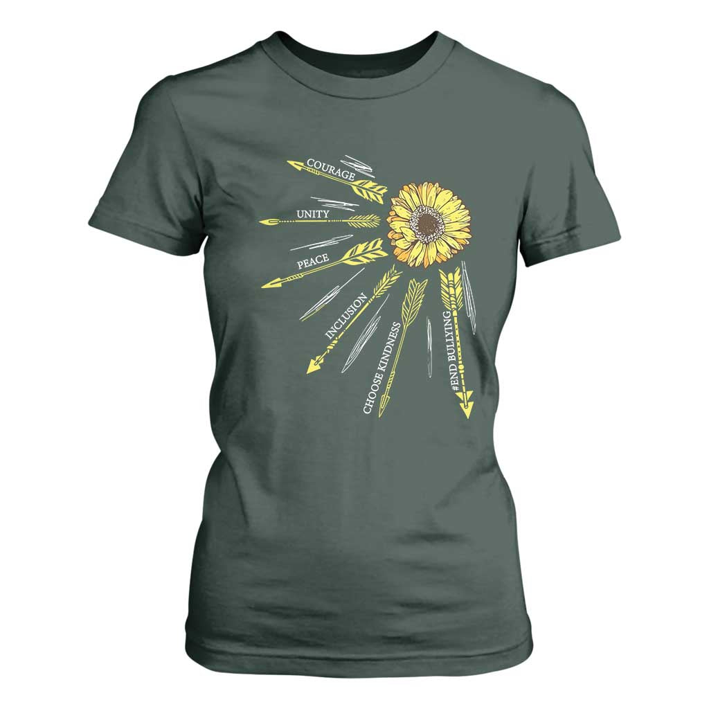 Bullying Prevention T Shirt For Women Courage Unity Peace Inclusion Choose Kindness Sunflower