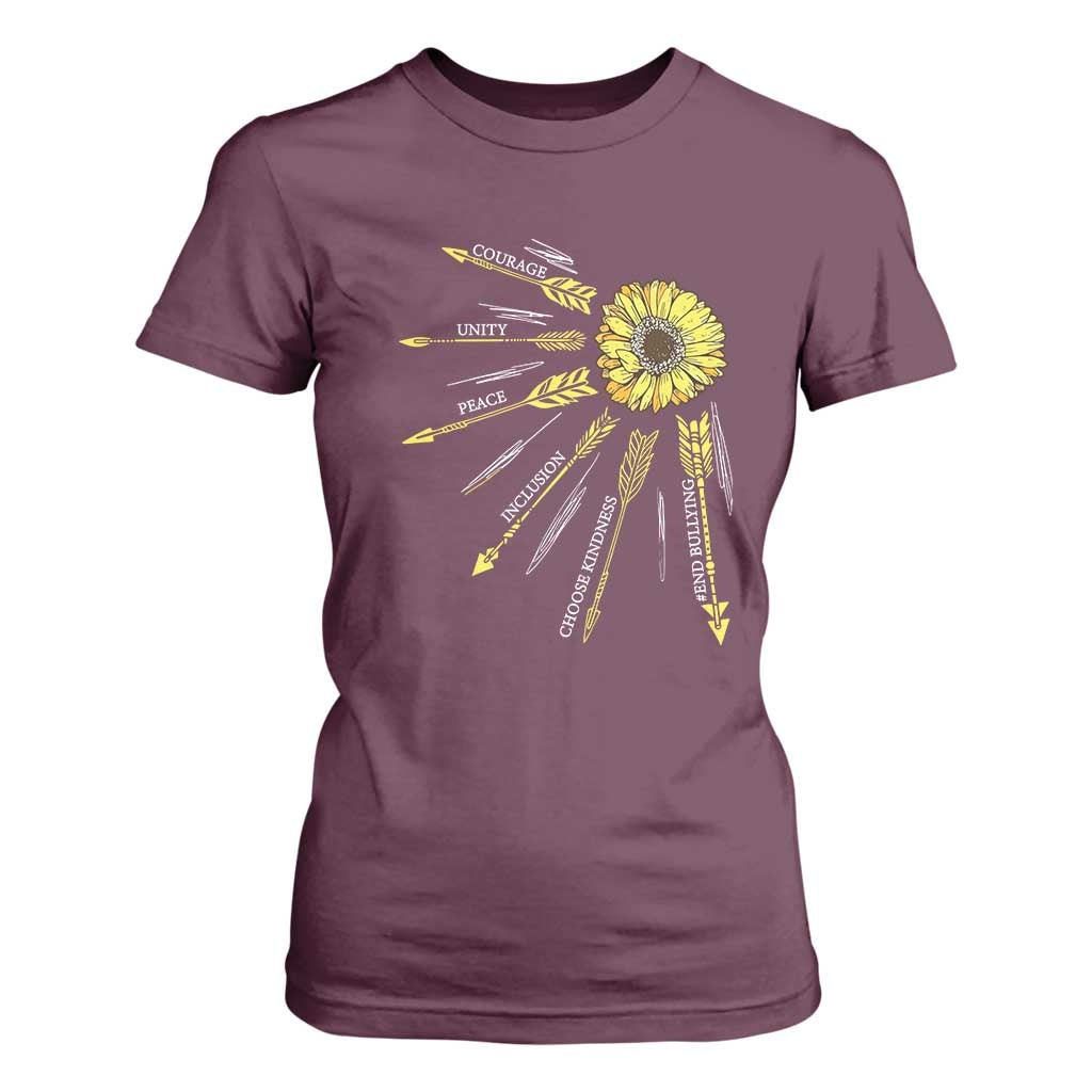 Bullying Prevention T Shirt For Women Courage Unity Peace Inclusion Choose Kindness Sunflower