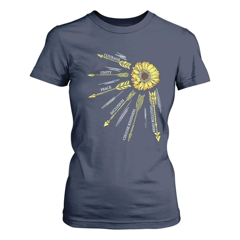 Bullying Prevention T Shirt For Women Courage Unity Peace Inclusion Choose Kindness Sunflower