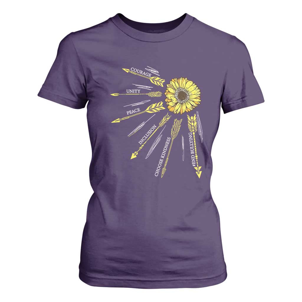 Bullying Prevention T Shirt For Women Courage Unity Peace Inclusion Choose Kindness Sunflower