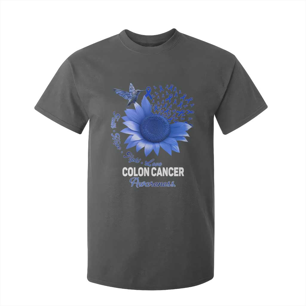 Colon Cancer Support T Shirt For Kid Faith Hope Fight Love Blue Sunflower Ribbon