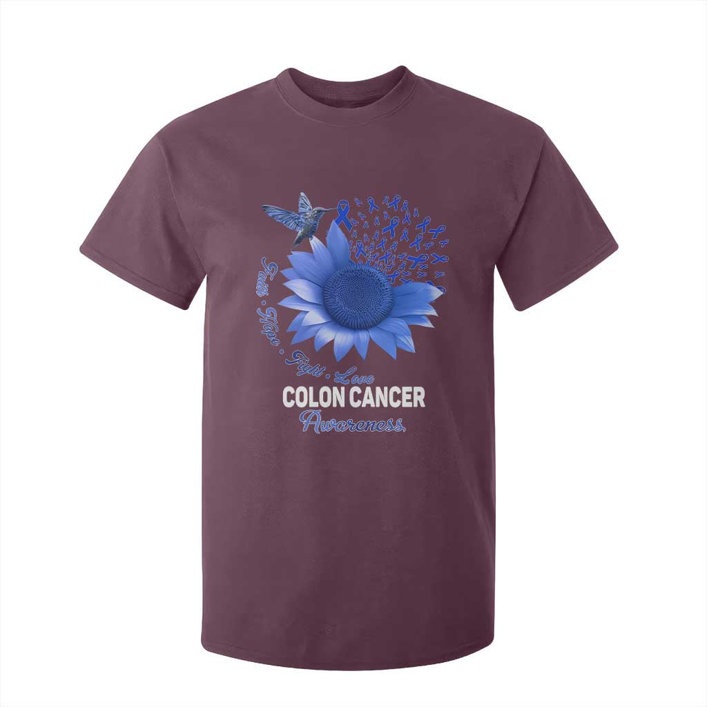 Colon Cancer Support T Shirt For Kid Faith Hope Fight Love Blue Sunflower Ribbon