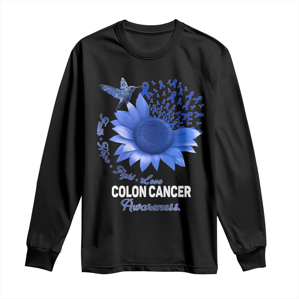 Colon Cancer Support Long Sleeve Shirt Faith Hope Fight Love Blue Sunflower Ribbon