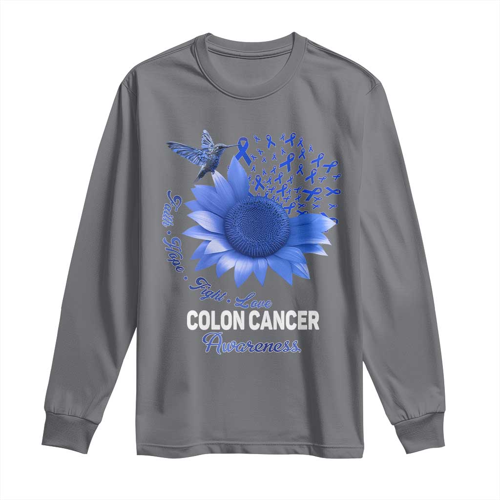 Colon Cancer Support Long Sleeve Shirt Faith Hope Fight Love Blue Sunflower Ribbon
