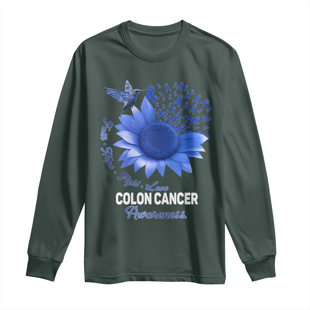 Colon Cancer Support Long Sleeve Shirt Faith Hope Fight Love Blue Sunflower Ribbon