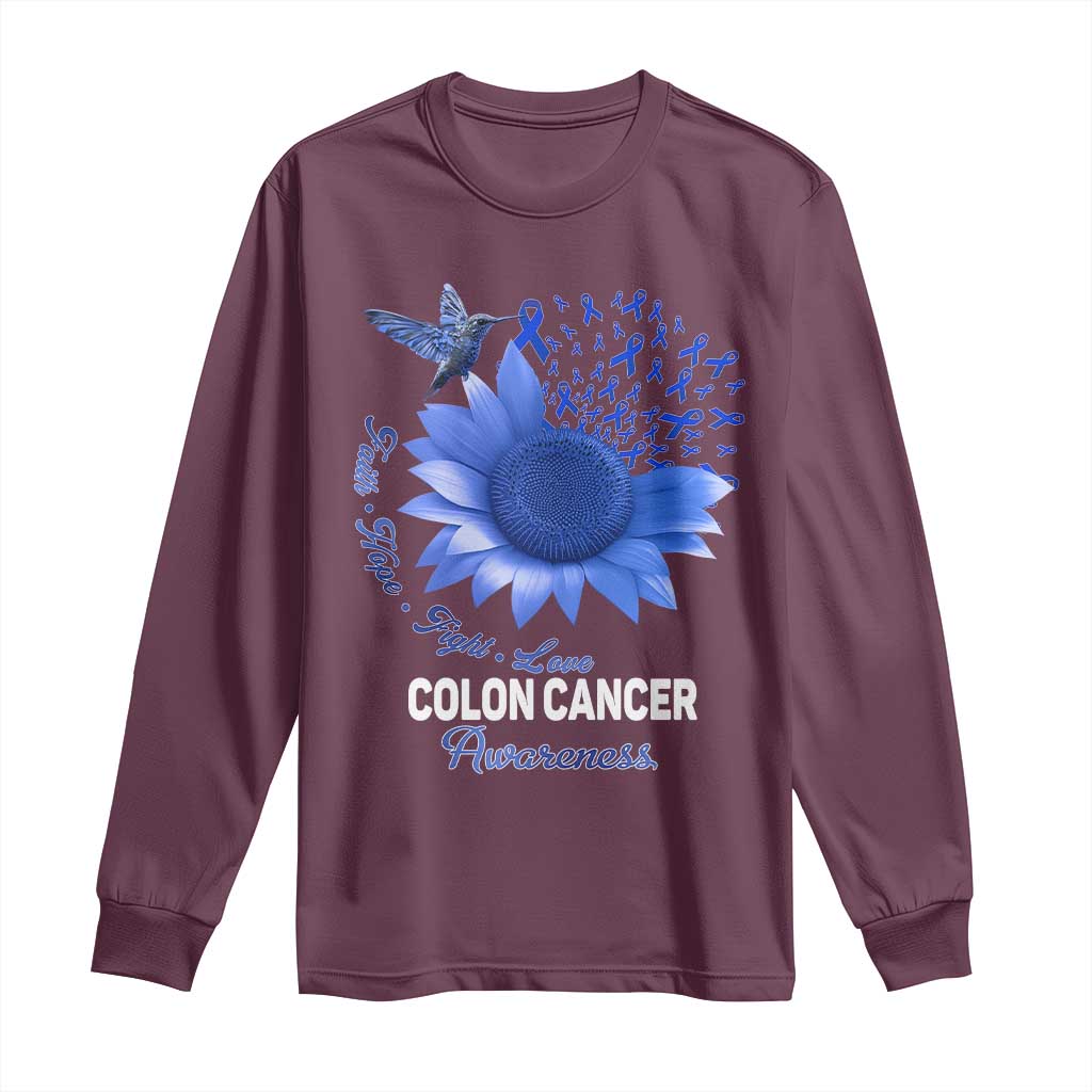 Colon Cancer Support Long Sleeve Shirt Faith Hope Fight Love Blue Sunflower Ribbon