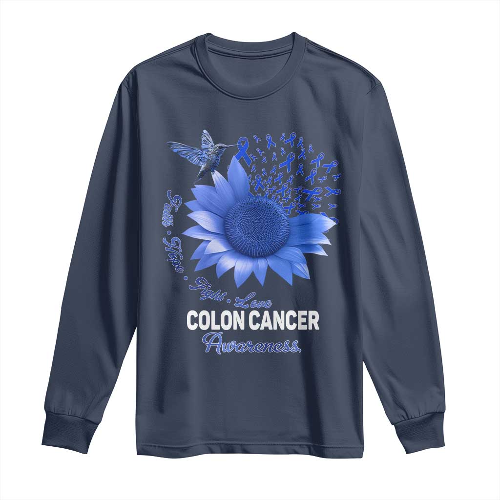 Colon Cancer Support Long Sleeve Shirt Faith Hope Fight Love Blue Sunflower Ribbon