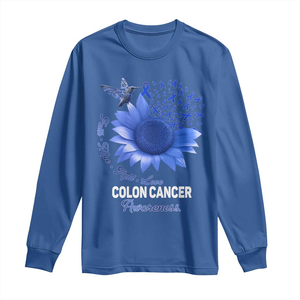 Colon Cancer Support Long Sleeve Shirt Faith Hope Fight Love Blue Sunflower Ribbon
