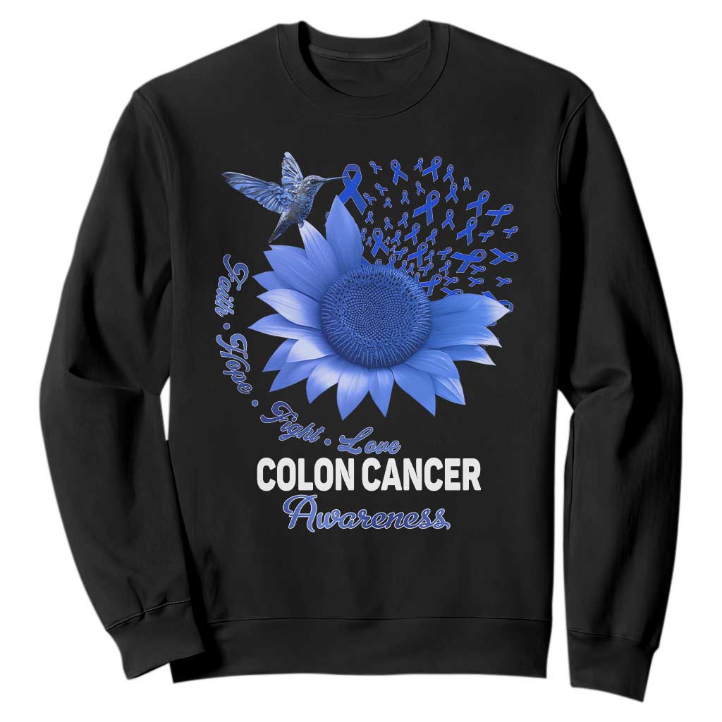 Colon Cancer Support Sweatshirt Faith Hope Fight Love Blue Sunflower Ribbon
