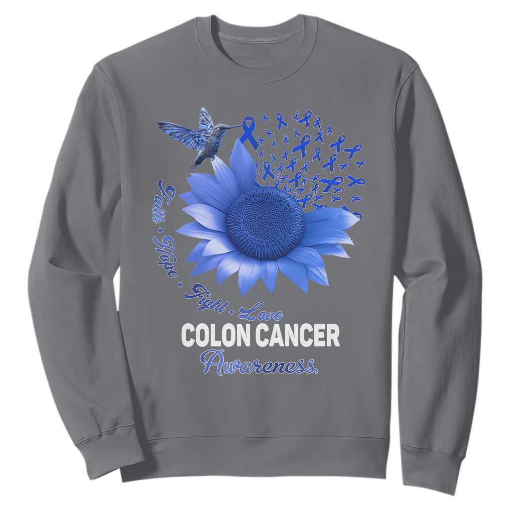 Colon Cancer Support Sweatshirt Faith Hope Fight Love Blue Sunflower Ribbon