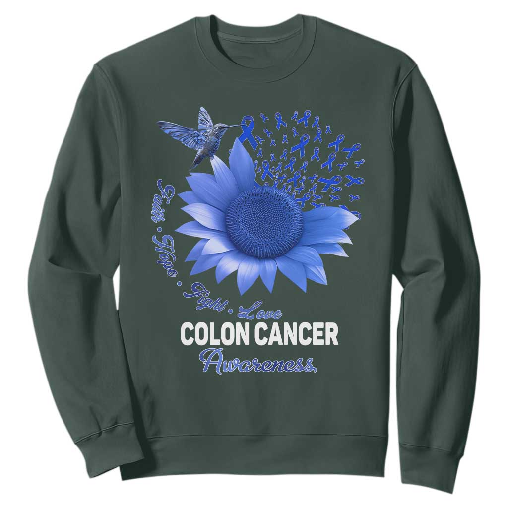 Colon Cancer Support Sweatshirt Faith Hope Fight Love Blue Sunflower Ribbon