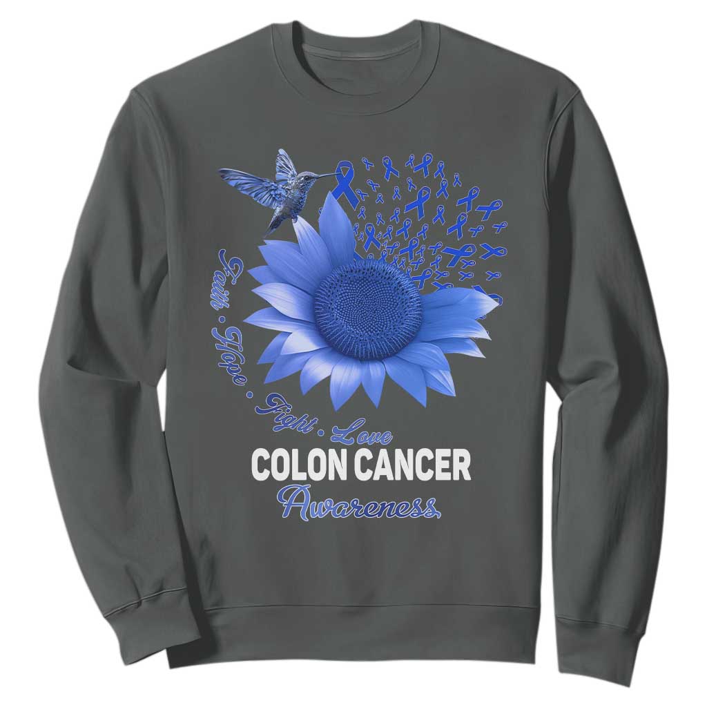 Colon Cancer Support Sweatshirt Faith Hope Fight Love Blue Sunflower Ribbon
