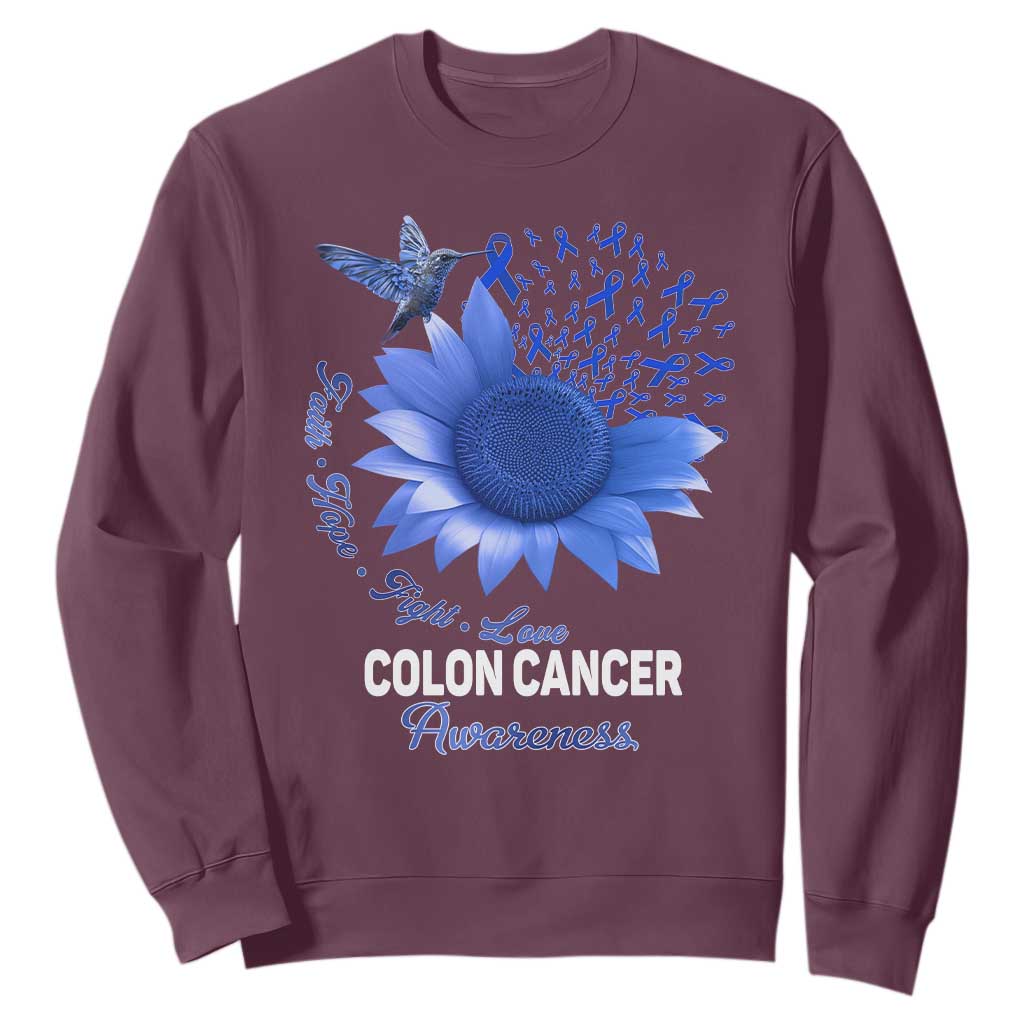 Colon Cancer Support Sweatshirt Faith Hope Fight Love Blue Sunflower Ribbon