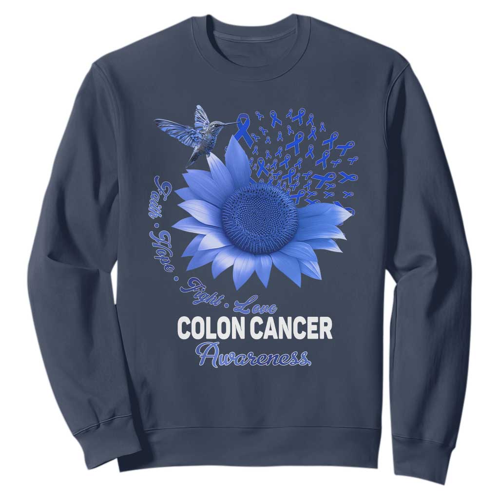 Colon Cancer Support Sweatshirt Faith Hope Fight Love Blue Sunflower Ribbon