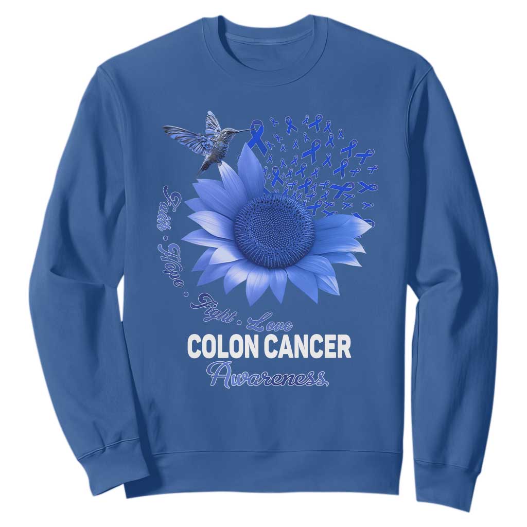 Colon Cancer Support Sweatshirt Faith Hope Fight Love Blue Sunflower Ribbon