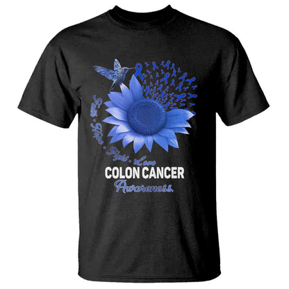 Colon Cancer Support T Shirt Faith Hope Fight Love Blue Sunflower Ribbon
