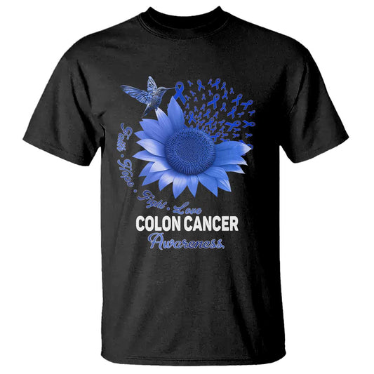 Colon Cancer Support T Shirt Faith Hope Fight Love Blue Sunflower Ribbon