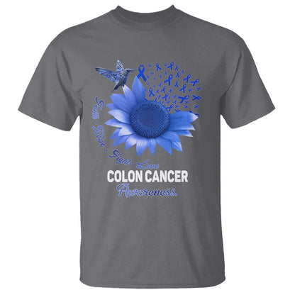 Colon Cancer Support T Shirt Faith Hope Fight Love Blue Sunflower Ribbon