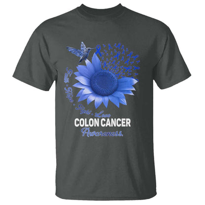 Colon Cancer Support T Shirt Faith Hope Fight Love Blue Sunflower Ribbon