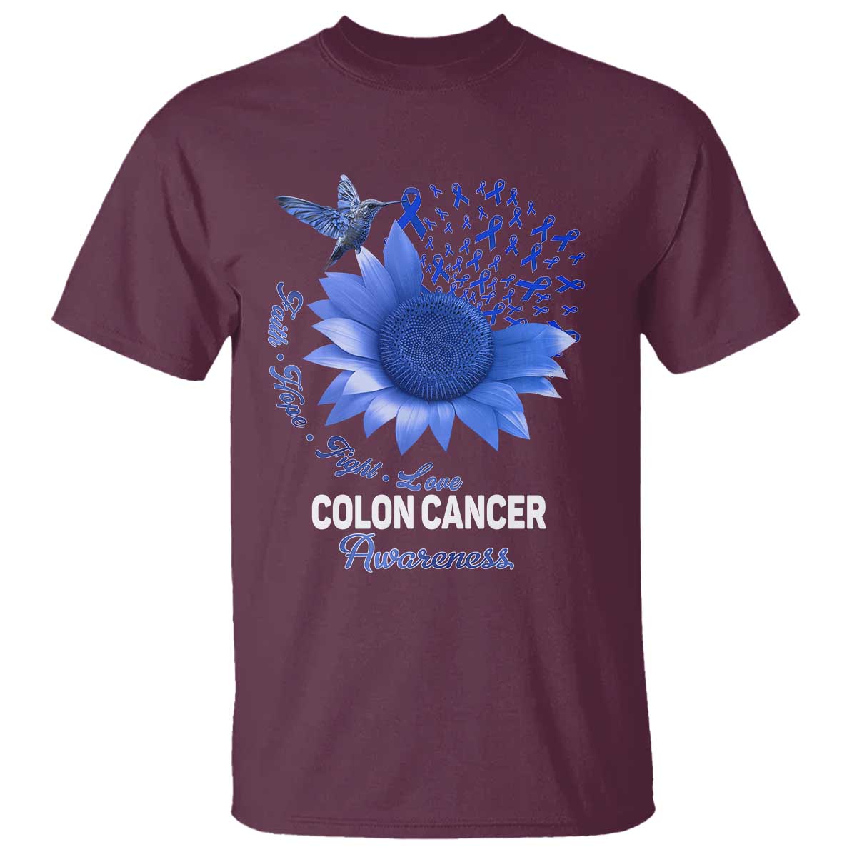Colon Cancer Support T Shirt Faith Hope Fight Love Blue Sunflower Ribbon