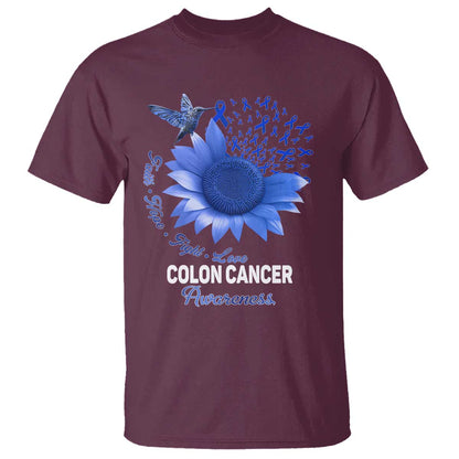 Colon Cancer Support T Shirt Faith Hope Fight Love Blue Sunflower Ribbon