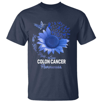 Colon Cancer Support T Shirt Faith Hope Fight Love Blue Sunflower Ribbon