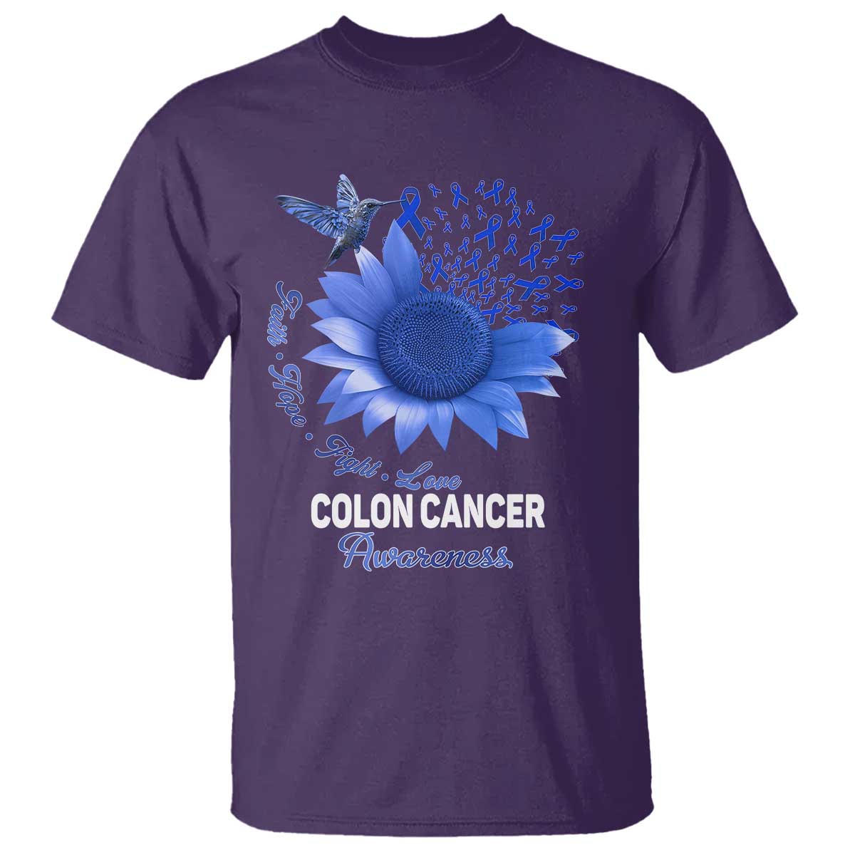 Colon Cancer Support T Shirt Faith Hope Fight Love Blue Sunflower Ribbon