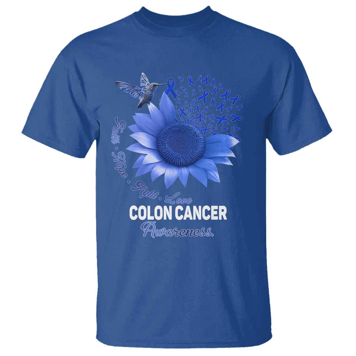 Colon Cancer Support T Shirt Faith Hope Fight Love Blue Sunflower Ribbon