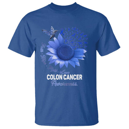 Colon Cancer Support T Shirt Faith Hope Fight Love Blue Sunflower Ribbon