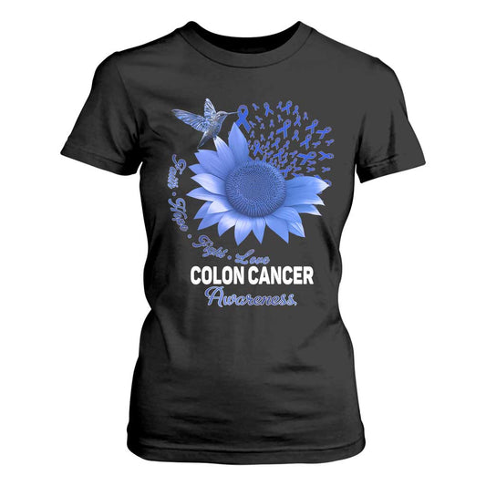 Colon Cancer Support T Shirt For Women Faith Hope Fight Love Blue Sunflower Ribbon