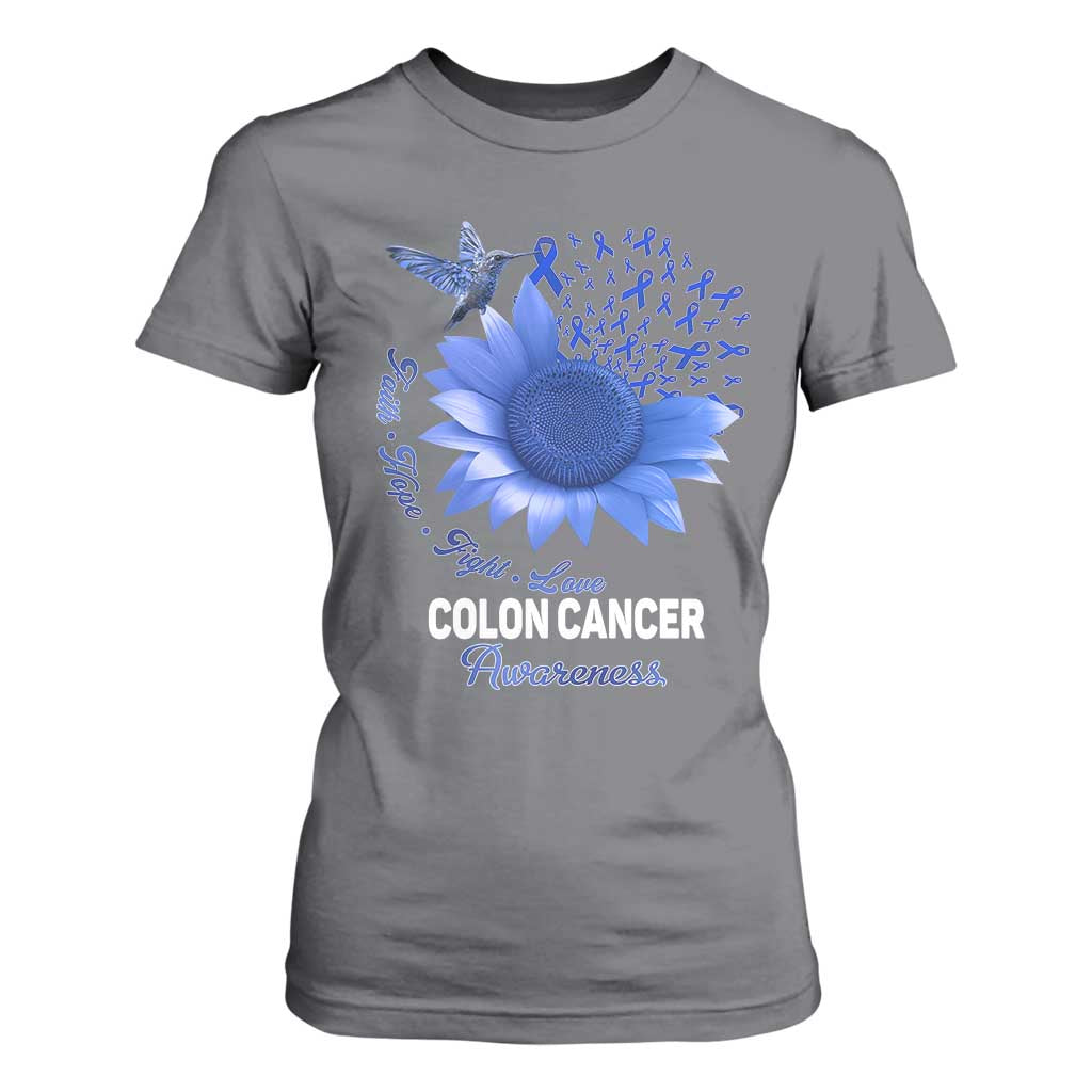 Colon Cancer Support T Shirt For Women Faith Hope Fight Love Blue Sunflower Ribbon