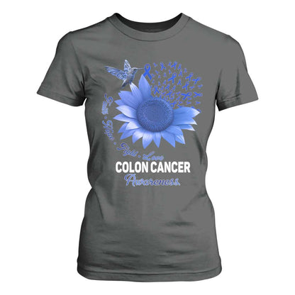 Colon Cancer Support T Shirt For Women Faith Hope Fight Love Blue Sunflower Ribbon