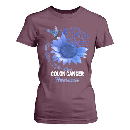 Colon Cancer Support T Shirt For Women Faith Hope Fight Love Blue Sunflower Ribbon