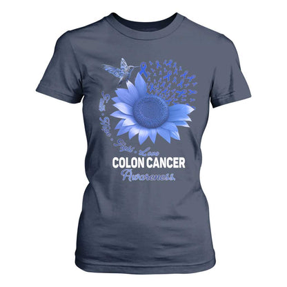 Colon Cancer Support T Shirt For Women Faith Hope Fight Love Blue Sunflower Ribbon