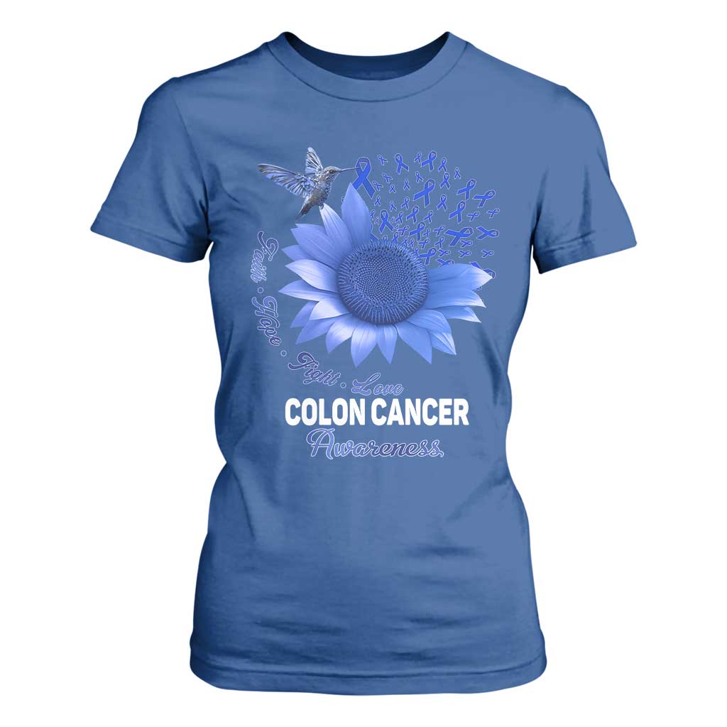 Colon Cancer Support T Shirt For Women Faith Hope Fight Love Blue Sunflower Ribbon