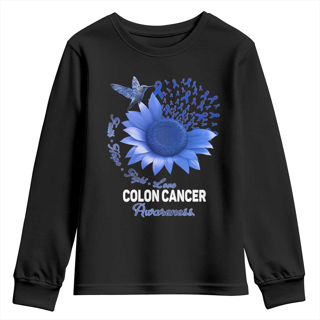 Colon Cancer Support Youth Sweatshirt Faith Hope Fight Love Blue Sunflower Ribbon