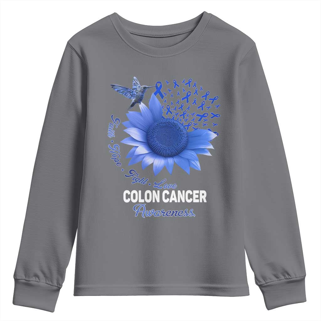 Colon Cancer Support Youth Sweatshirt Faith Hope Fight Love Blue Sunflower Ribbon